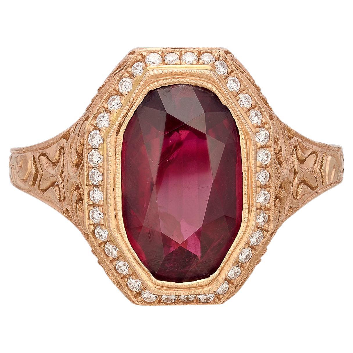 GIA 3.45-ct Unheated Ruby and Diamond Custom Rose Gold Ring For Sale