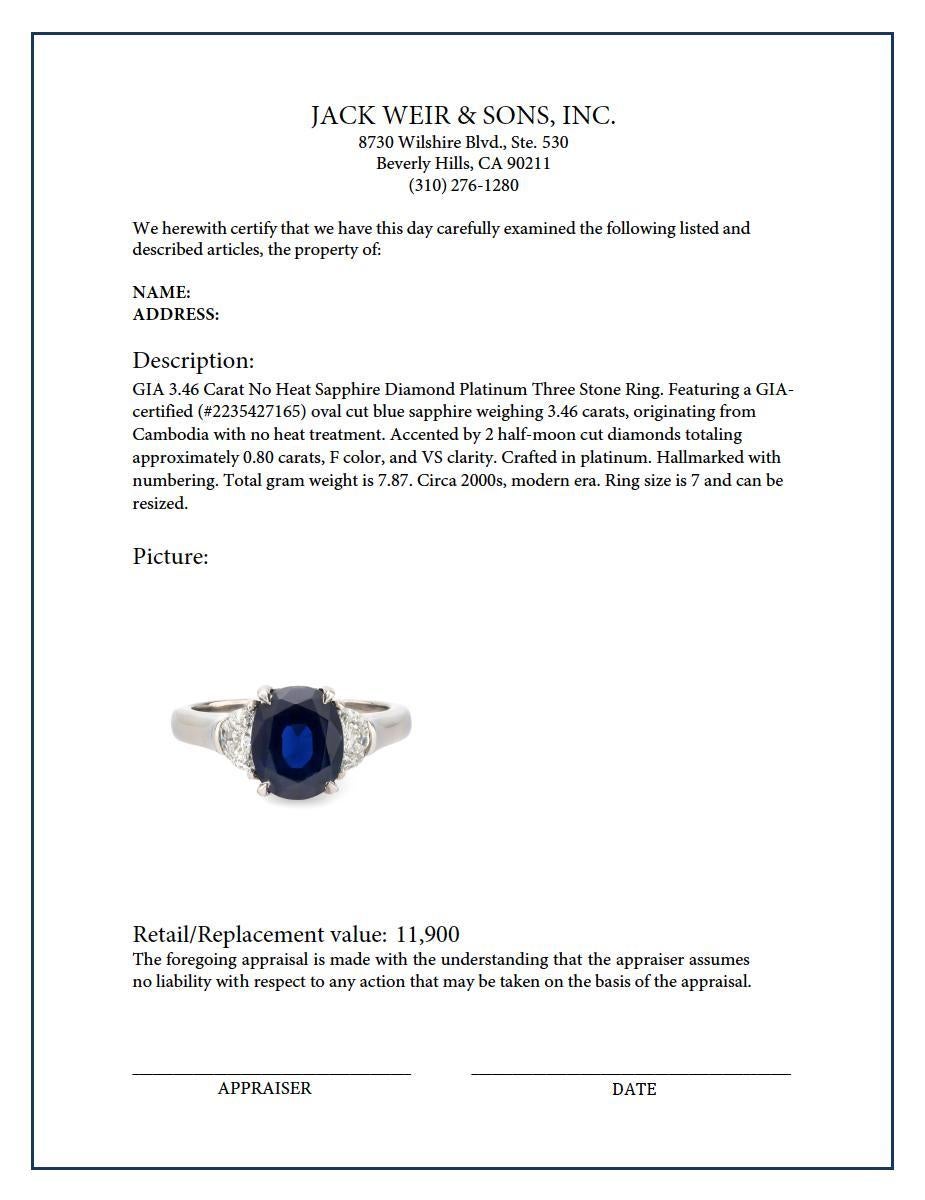  GIA 3(three stone ring 3(46 carat no heat saphir diamant platine Unisexe 