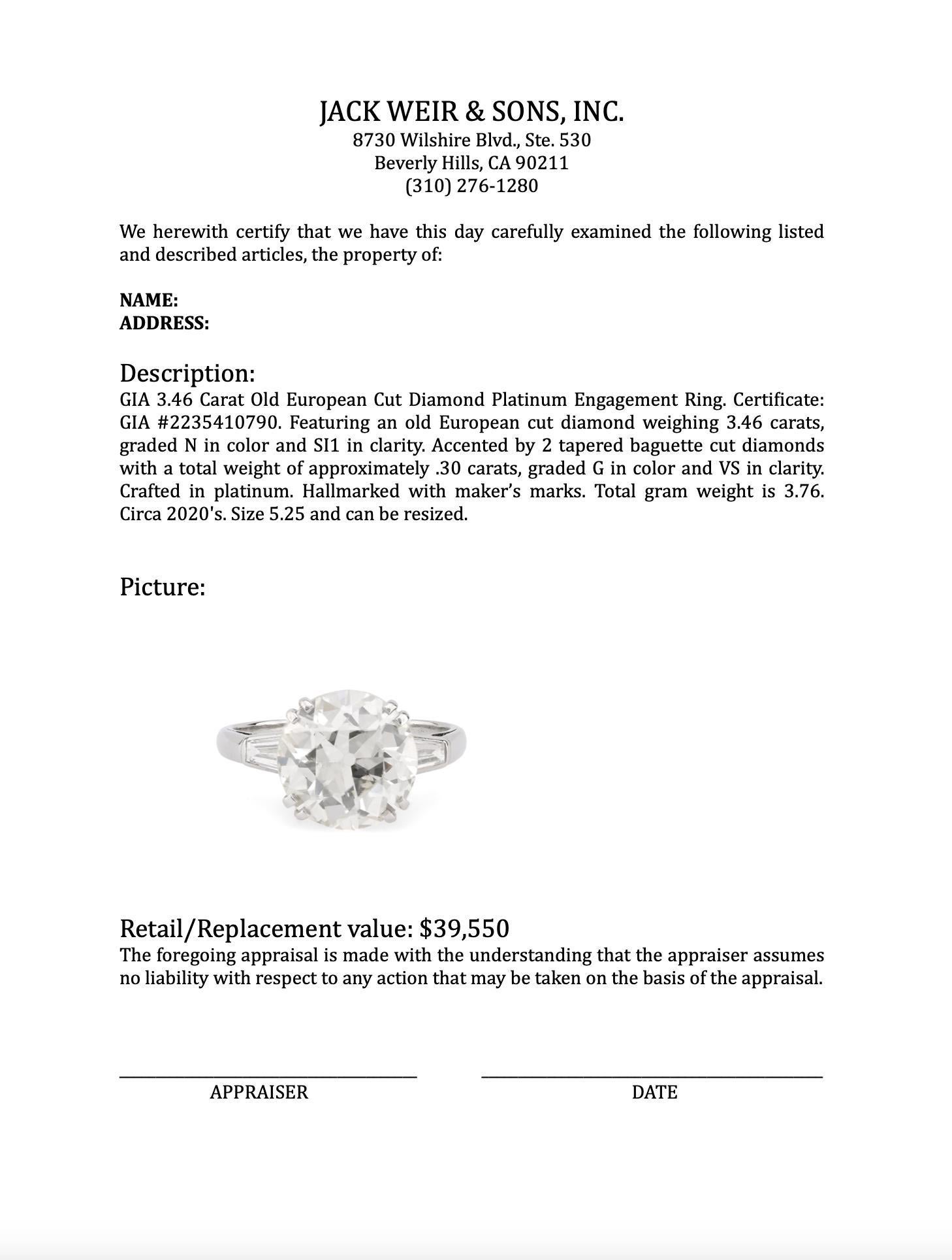 GIA 3.46 Carat Old European Cut Diamond Platinum Engagement Ring 1