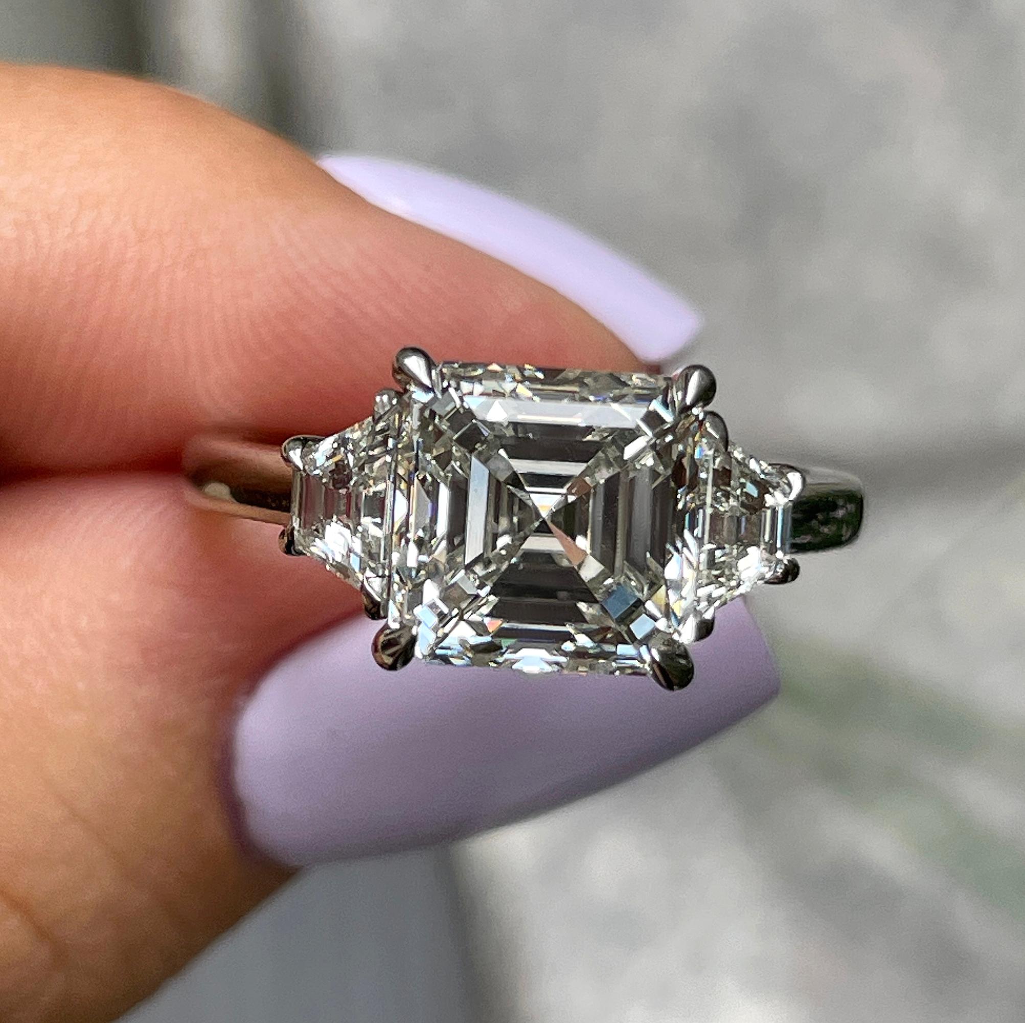 GIA 3.47ct Asscher Cut Diamond 3 Stone Engagement Wedding Platinum Ring For Sale 3