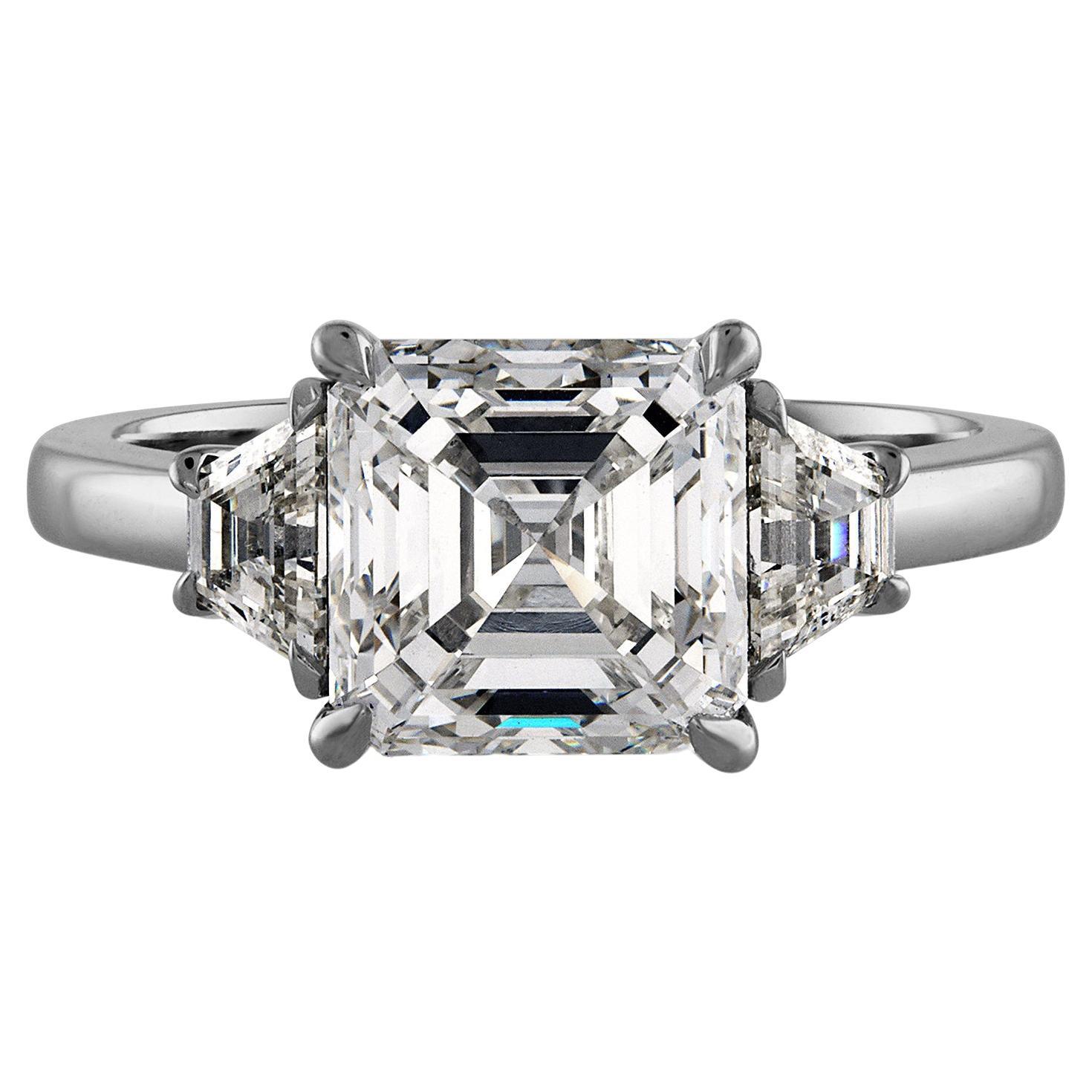 GIA 3.47ct Asscher Cut Diamond 3 Stone Engagement Wedding Platinum Ring For Sale