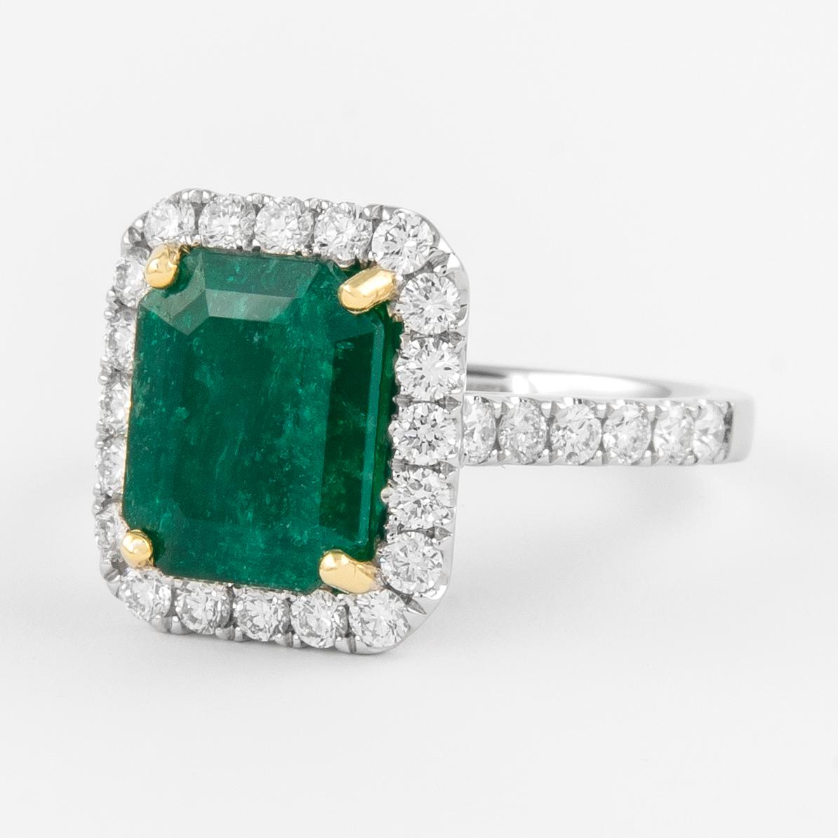 Emerald Cut GIA 3.49 Carat Emerald and Diamond Halo Ring 18k Gold