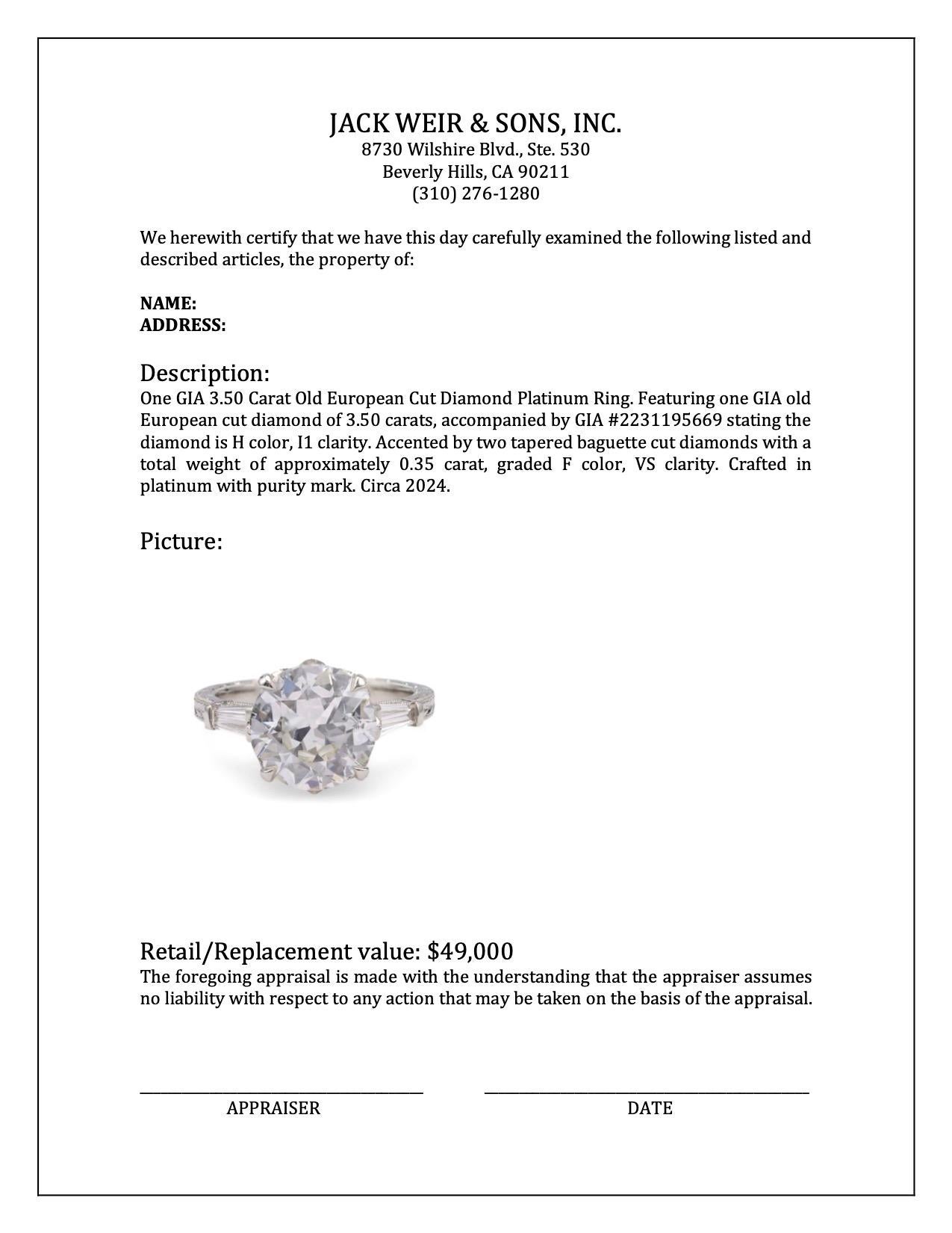 GIA 3.50 Carat Old European Cut Diamond Platinum Ring For Sale 2