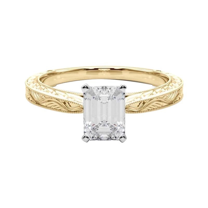 GIA 3,50ct Smeraldo classico solitario antico inciso in oro giallo Anello di diamanti
