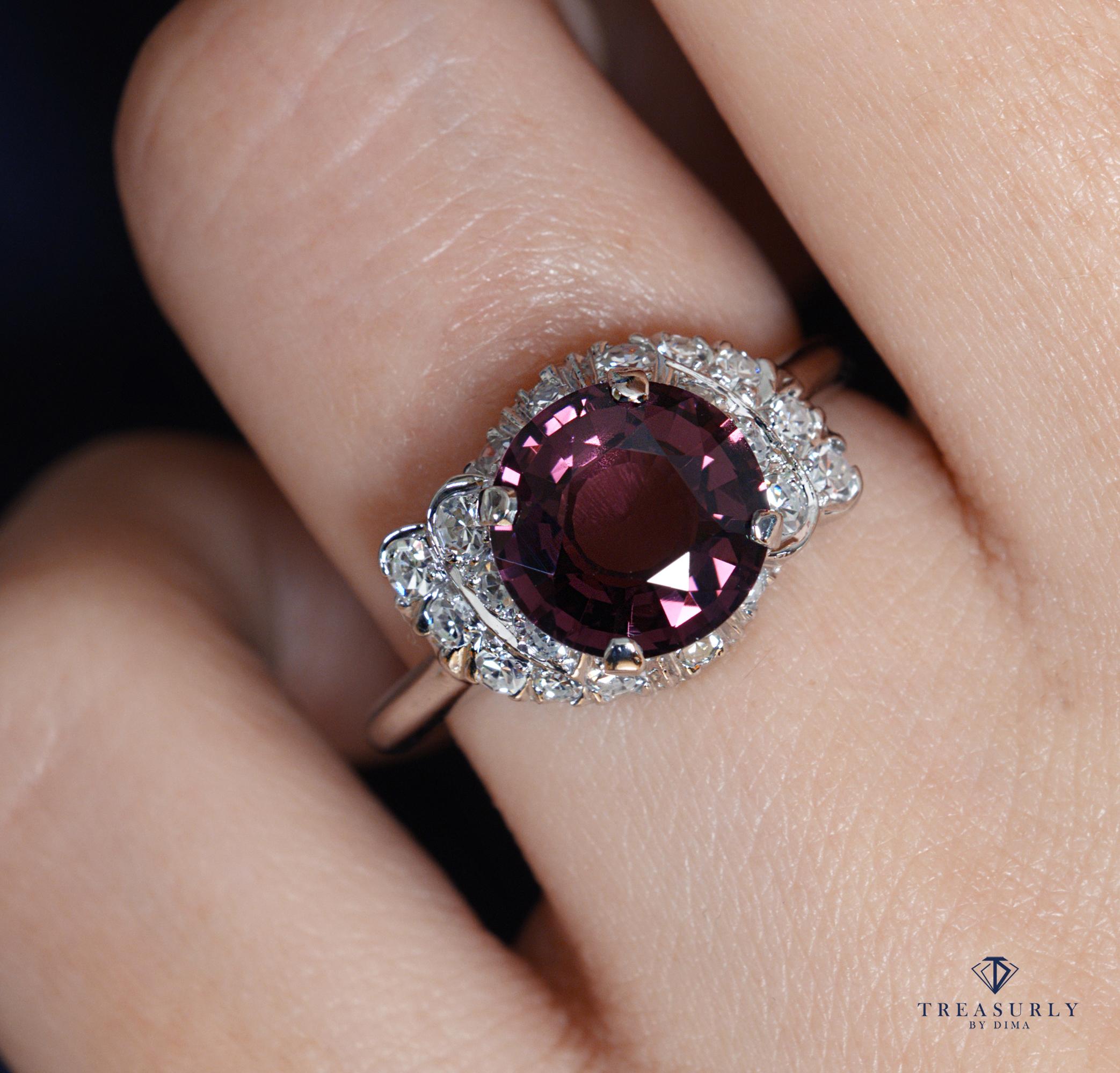 Round Cut GIA 3.50 Carat Natural No-Heat Purple Spinel and Diamond Platinum Vintage Ring