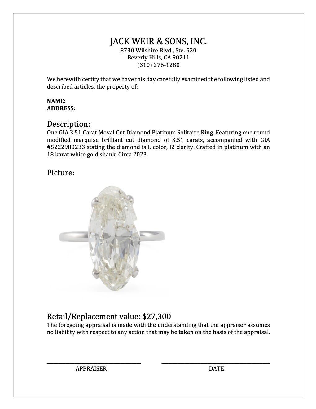 GIA 3.51 Carat Moval Cut Diamond Platinum Solitaire Ring In Excellent Condition In Beverly Hills, CA