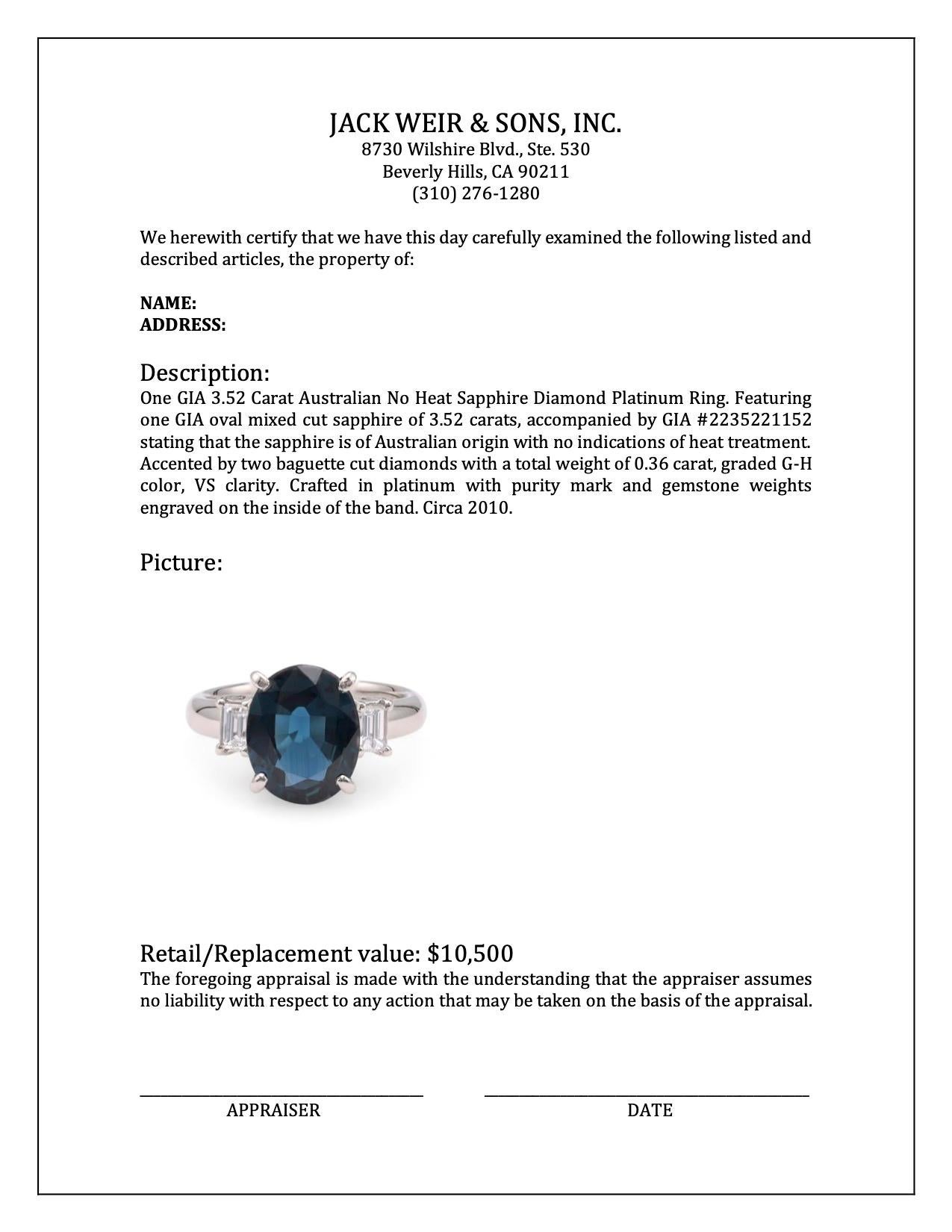 GIA 3.52 Carat Australian No Heat Sapphire Diamond Platinum Ring For Sale 1