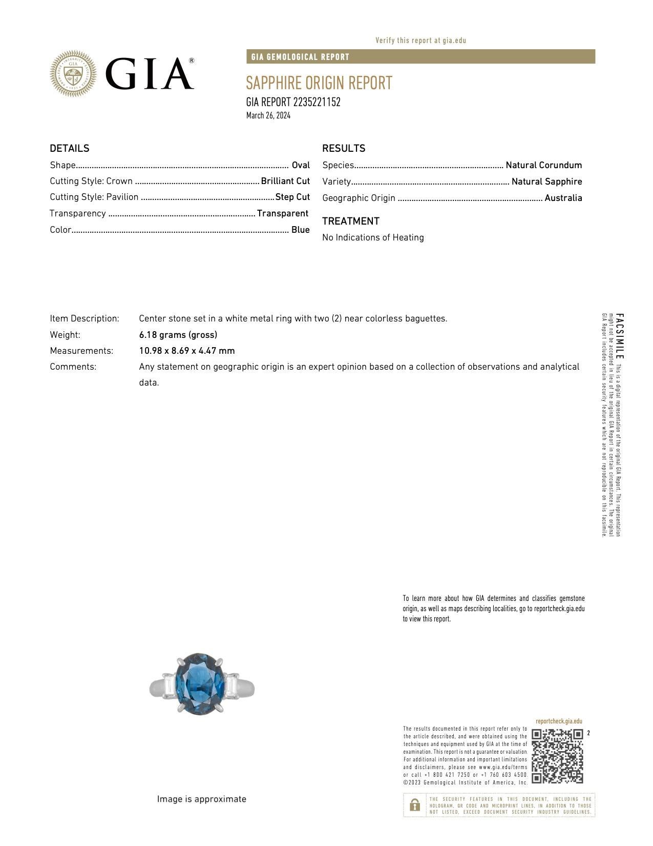 GIA 3.52 Carat Australian No Heat Sapphire Diamond Platinum Ring For Sale 2