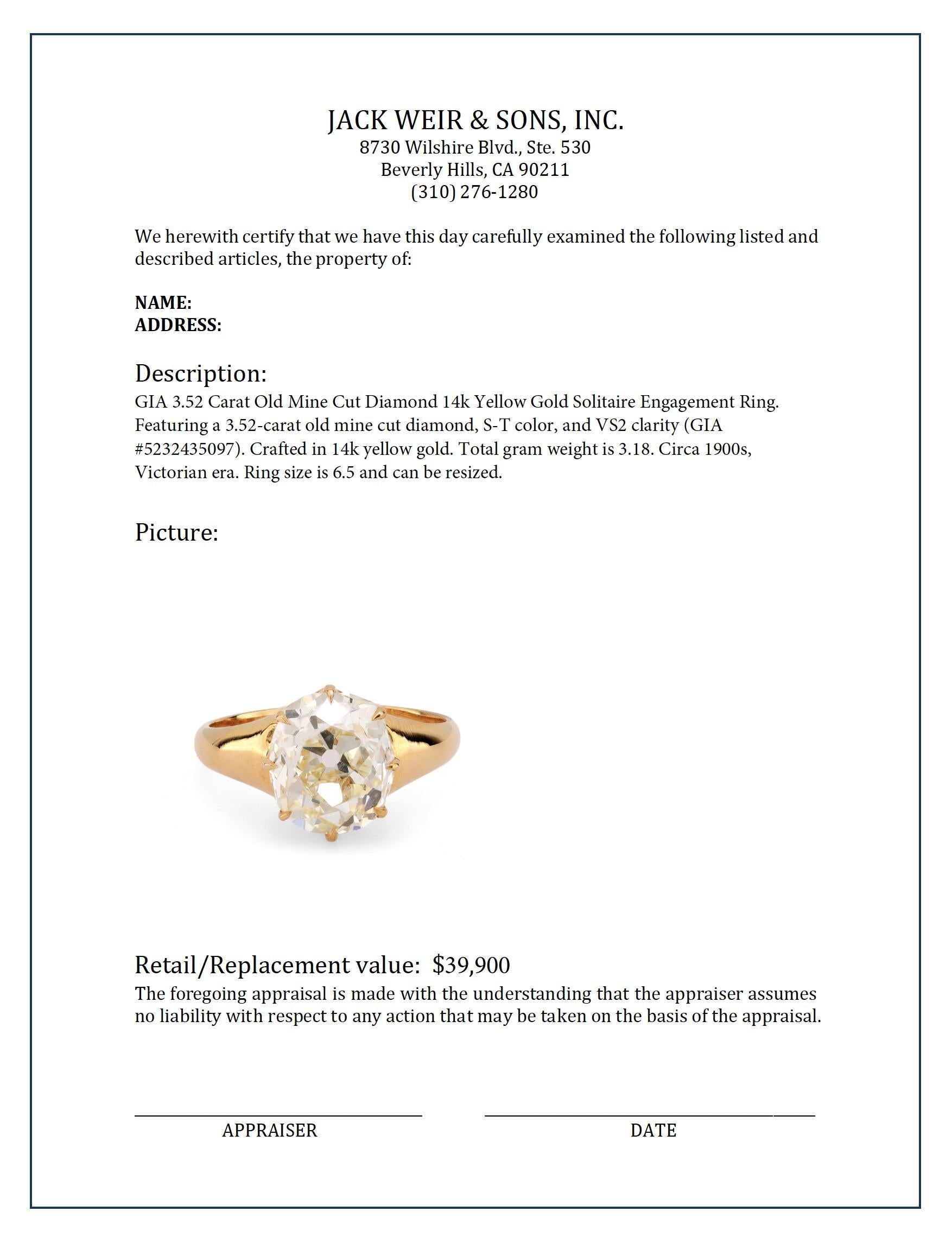 Women's or Men's GIA 3.52 carat old mine cut diamond 14k yellow gold solitaire engagement ring