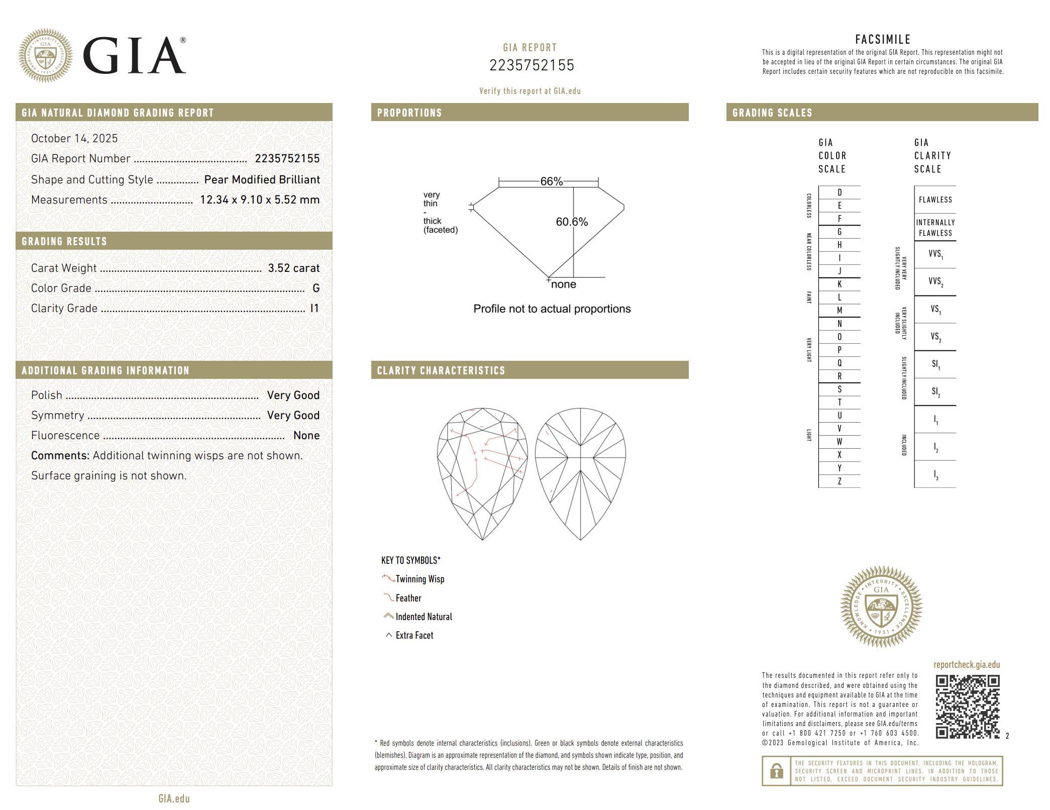 GIA Anello di fidanzamento in oro giallo 14k e platino con diamante a forma di pera da 3,52 carati in vendita 4