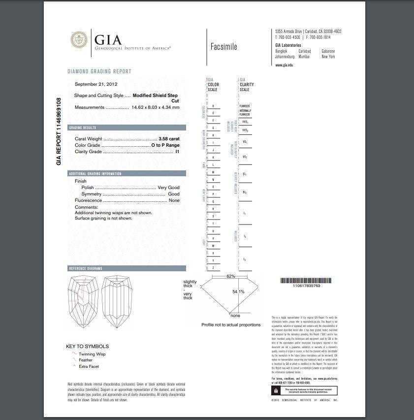 GIA 3.58 Carat Shield Cut Diamond Solitaire Ring 1