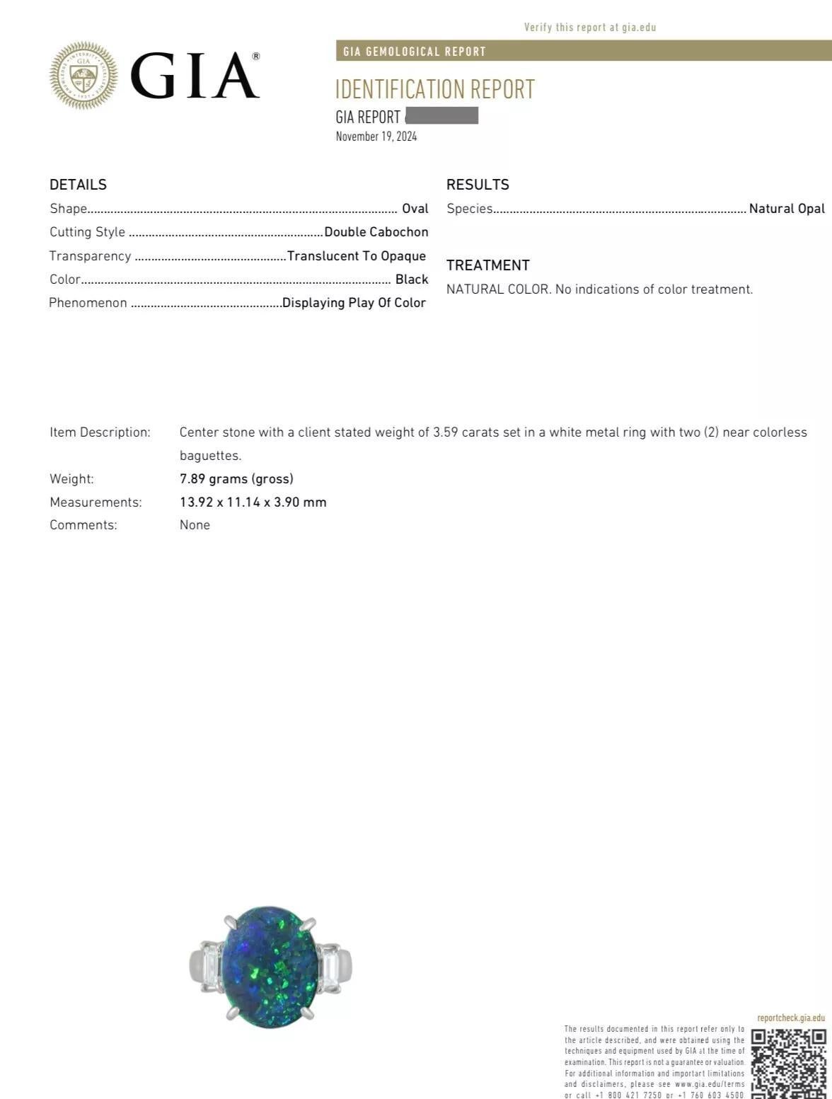 GIA 3.59 ct Black Opal and Diamond 3-stone Ring in Platinum For Sale 5