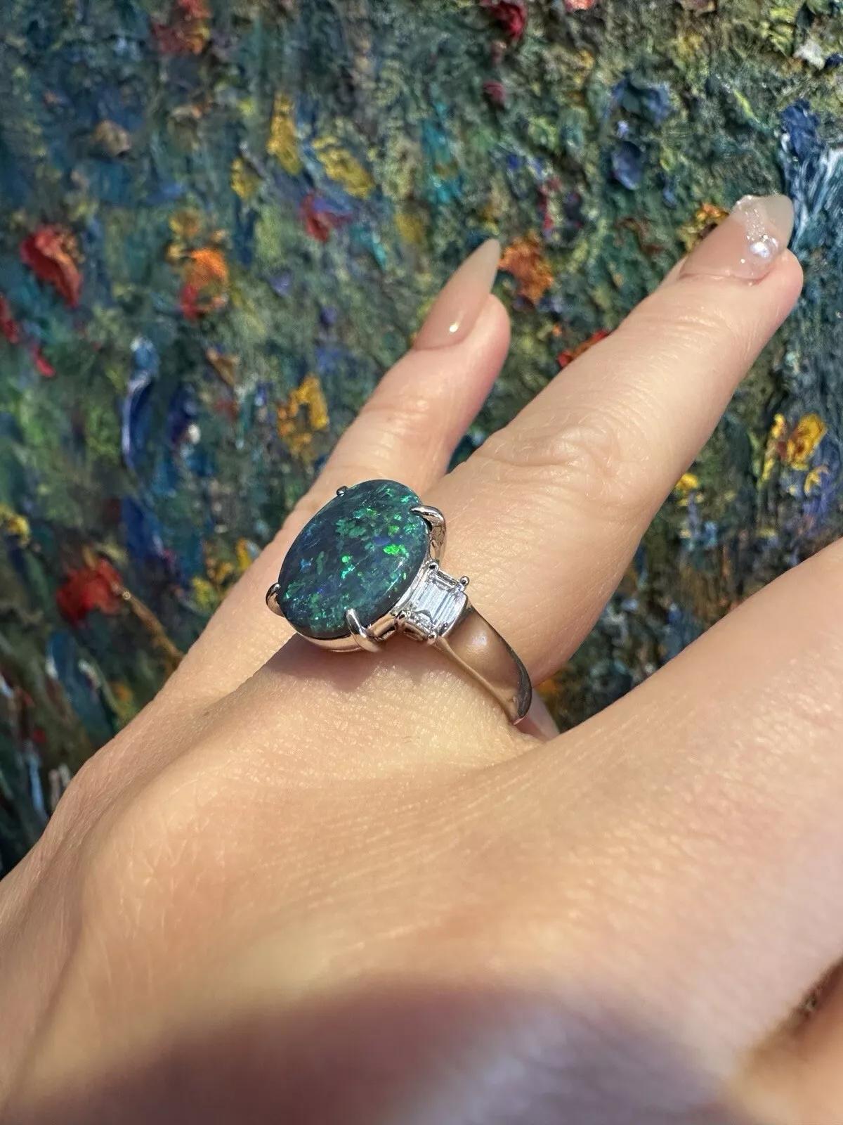 GIA 3.59 ct Black Opal and Diamond 3-stone Ring in Platinum In Excellent Condition For Sale In La Jolla, CA