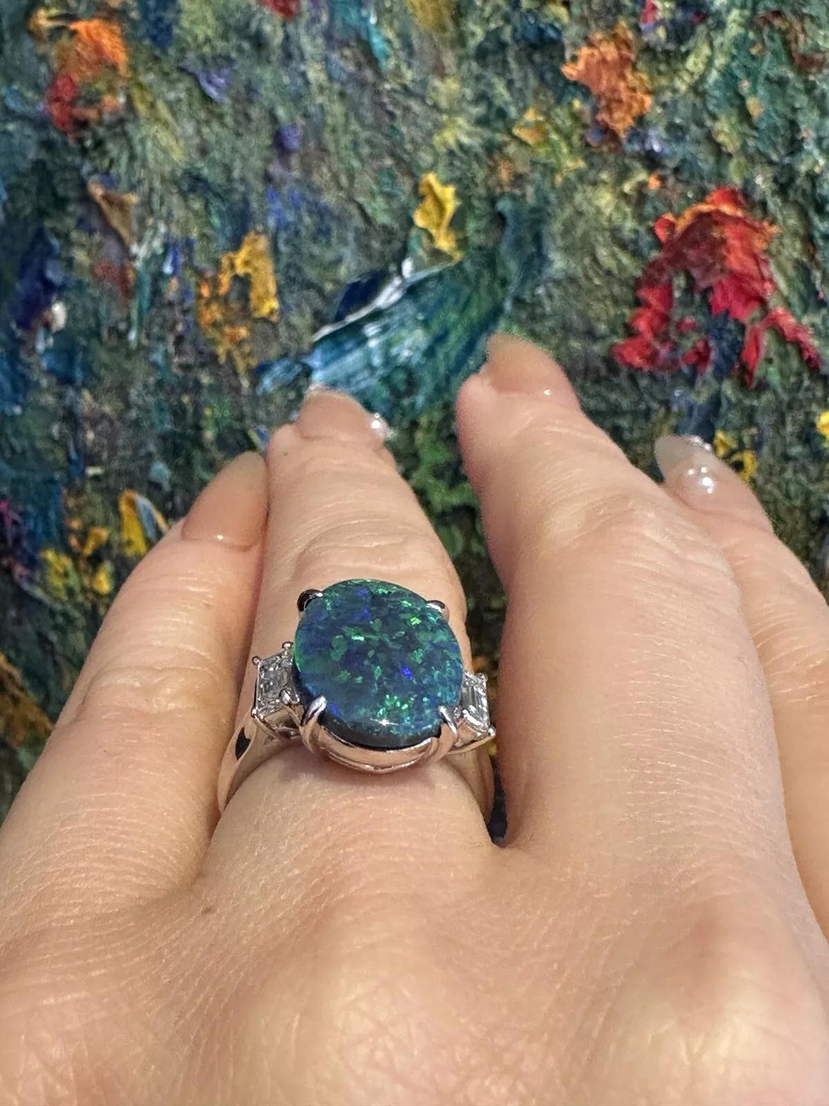 Women's GIA 3.59 ct Black Opal and Diamond 3-stone Ring in Platinum For Sale