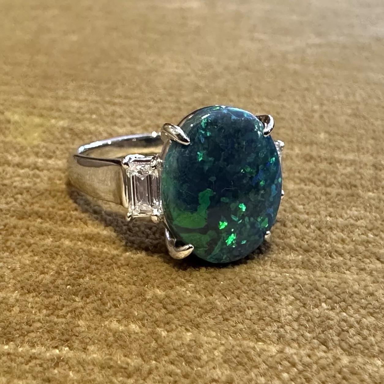 GIA 3.59 ct Black Opal and Diamond 3-stone Ring in Platinum For Sale 1