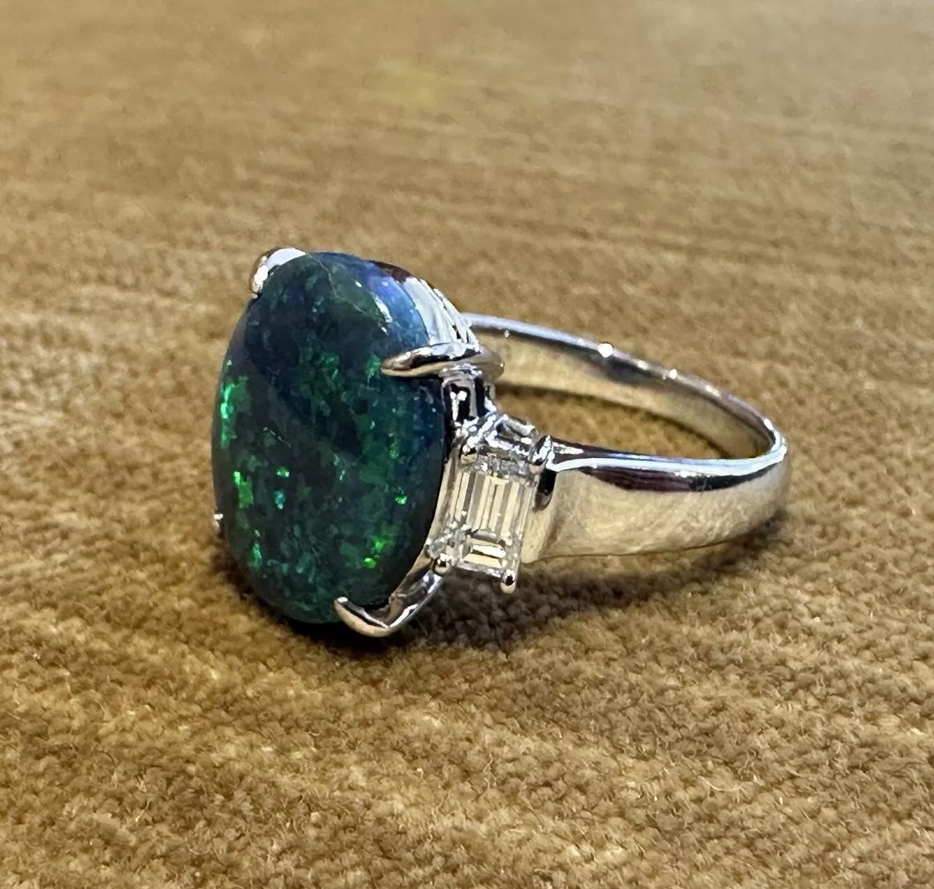 GIA 3.59 ct Black Opal and Diamond 3-stone Ring in Platinum For Sale 2