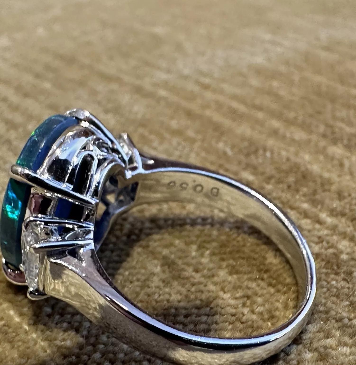 GIA 3.59 ct Black Opal and Diamond 3-stone Ring in Platinum For Sale 4