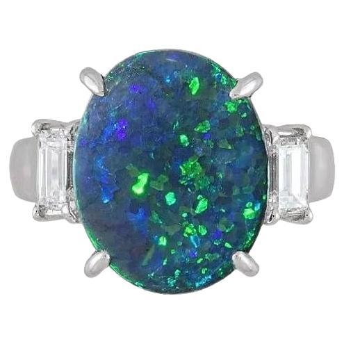 GIA 3.59 ct Black Opal and Diamond 3-stone Ring in Platinum For Sale