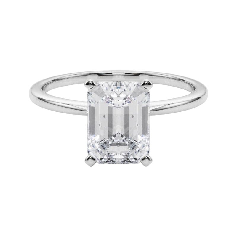 GIA 3.5ct Emerald Slim Band Prong Set Solitaire 18K White Gold Diamond Ring