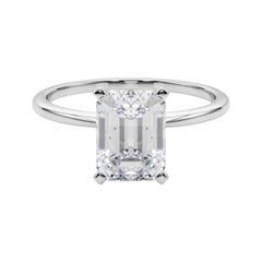 GIA 3.5ct Emerald Slim Band Prong Set Solitaire 18K White Gold Diamond Ring