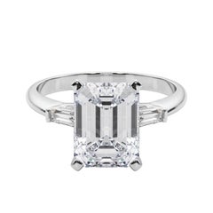 GIA 3.5ct Emerald Three-Stone Tapered Baguette 18K White Gold Diamond Ring