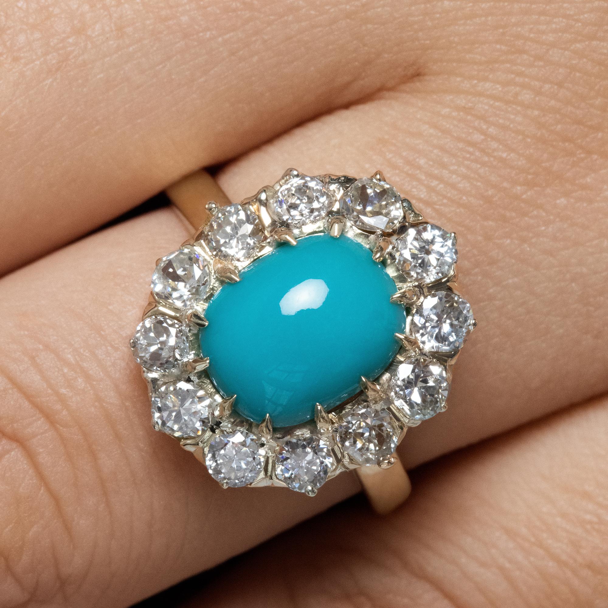 A Beautiful Authentic Classic VICTORIAN Turquoise and Diamonds Cluster Ring, hand-fabricated in 18K Yellow Gold, CIRCA 1890.  
A bright Turquoise oval cabochon centers a glittering halo of 12 OLD MINE Cut Diamonds in this stunning Late Victorian