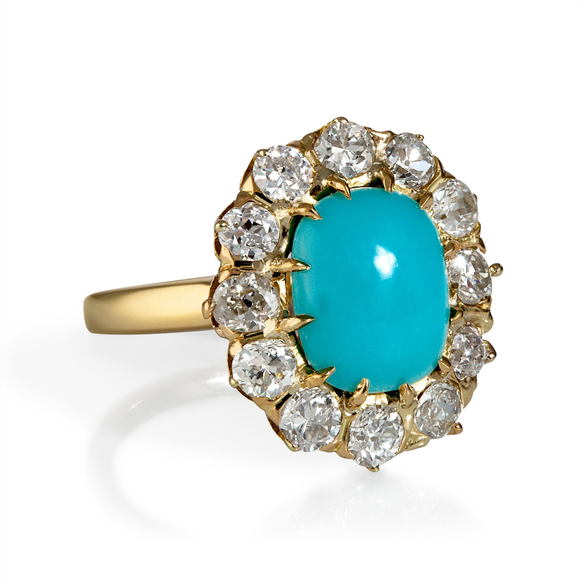 Cabochon GIA 3.60ct Authentic Antique Victorian Turquoise Diamond Cluster Ring 18k YG