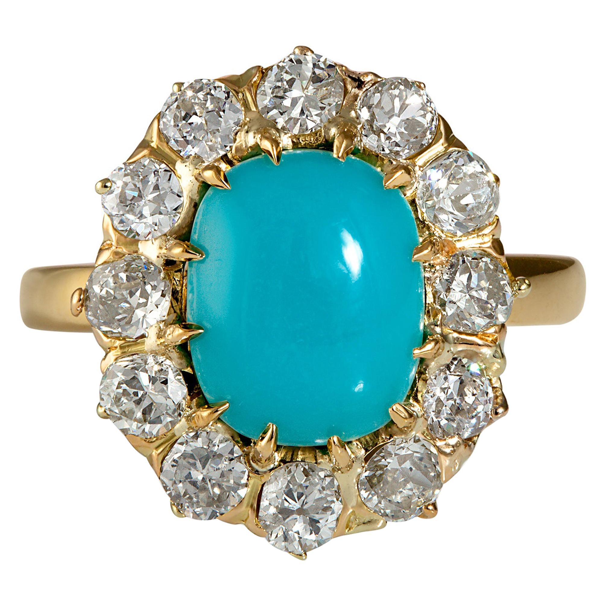GIA 3.60ct Authentic Antique Victorian Turquoise Diamond Cluster Ring 18k YG