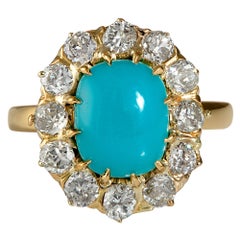 GIA 3.60ct Authentic Antique Victorian Turquoise Diamond Cluster Ring 18k YG