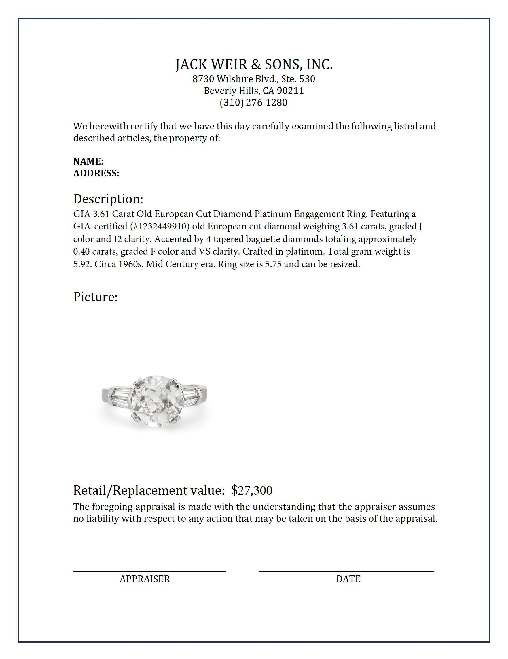 GIA 3.61 carat old European cut diamond platinum engagement ring In Excellent Condition For Sale In Beverly Hills, CA