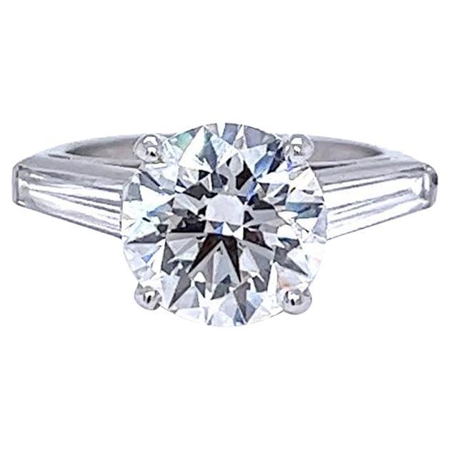 GIA 3.61ct Natural Round Shape Diamond Ring with 1.15ct Baguettes Side Diamonds For Sale