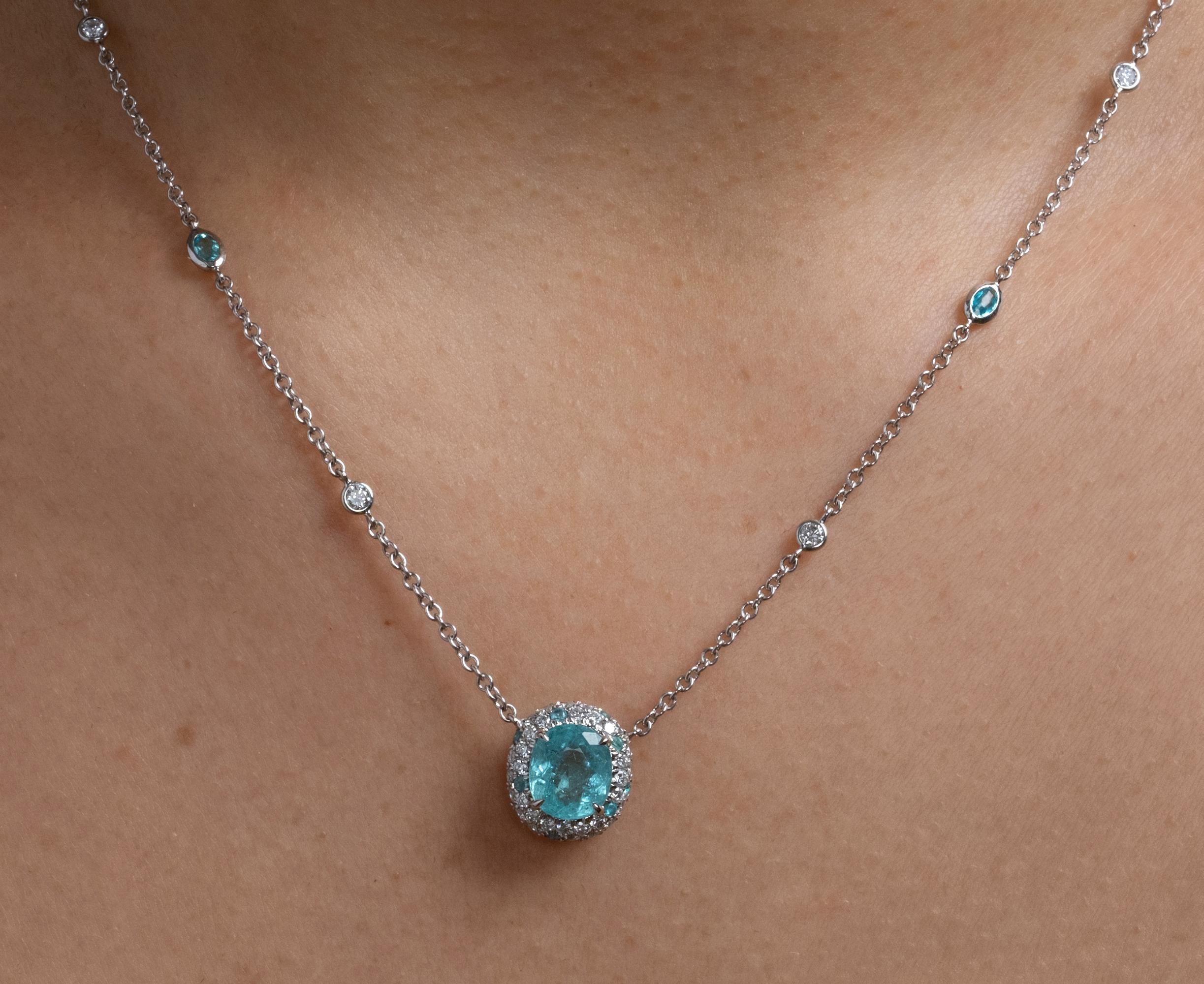 Highly collectable 3.61ctw Natural Paraiba Tourmaline and Diamond Platinum Necklace, GIA CERTIFIED.

A high-fashion piece of jewelry from another planet! This jewel will make a great addition to any GEM/jewelry collection. An extremely rear find -