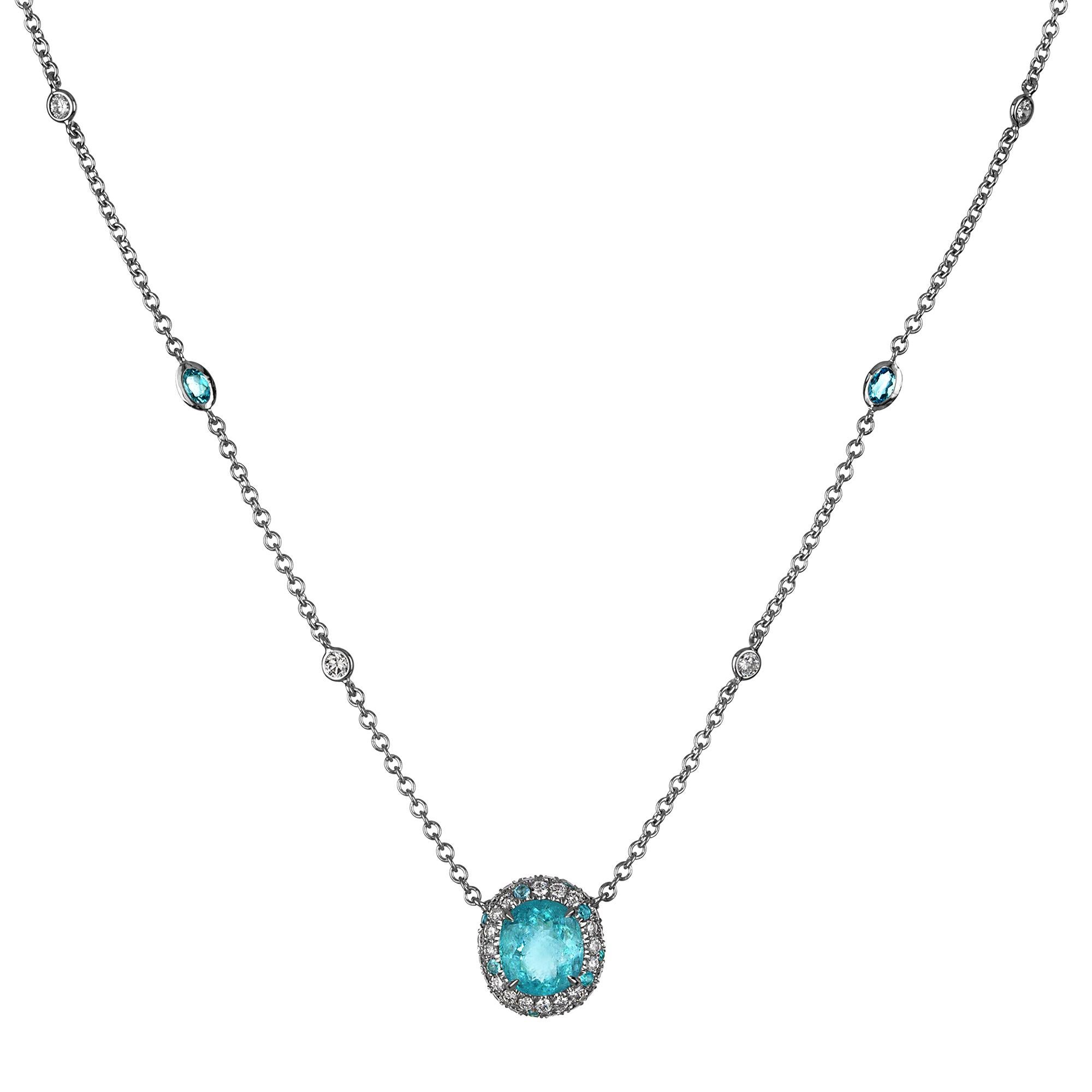 Women's GIA 3.61ctw Natural Neon Blue Paraiba Tourmaline & Diamond Platinum Necklace