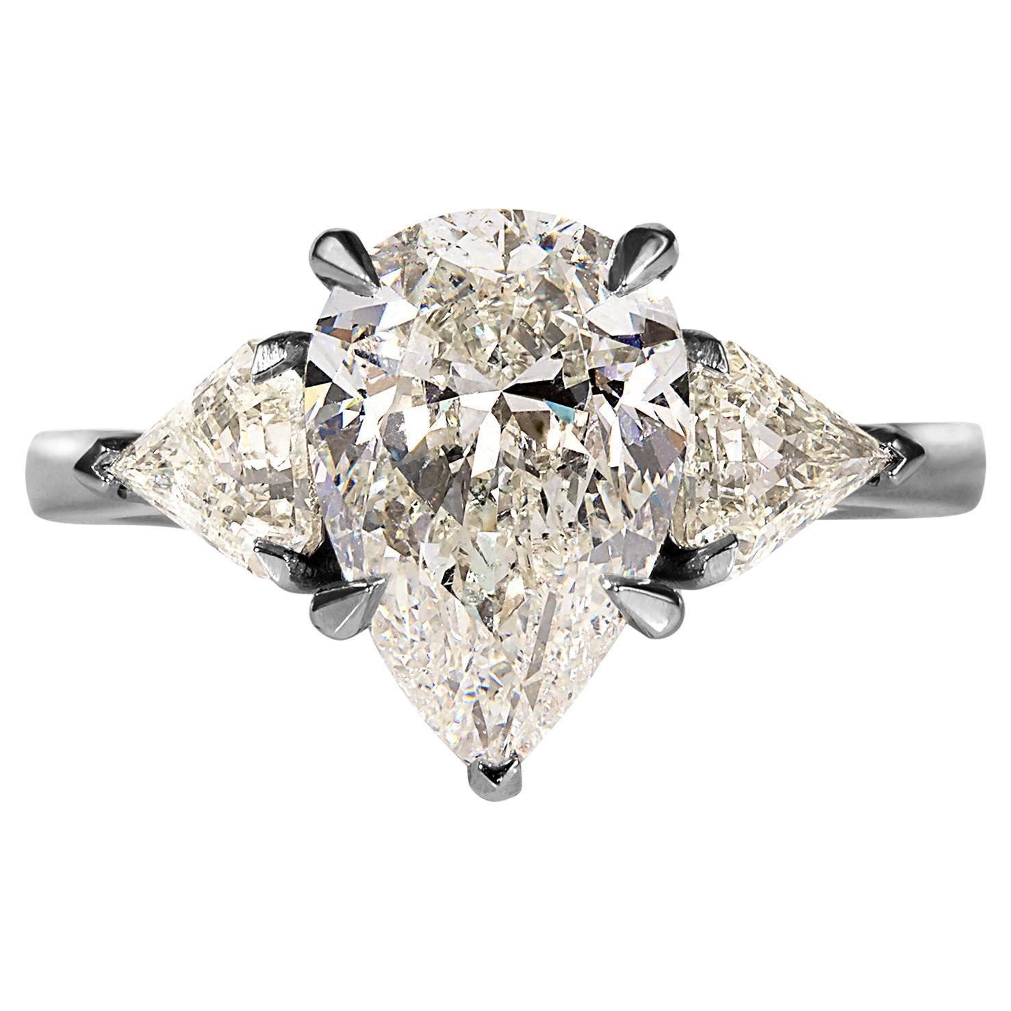GIA 3.62ct Estate Vintage Pear Shaped 3 Stone Diamond Engagement Wedding Plat