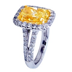 GIA 3.63 Ct Fancy Yellow Cushion Diamond Pave Set 18K Engagement Ring with Halo