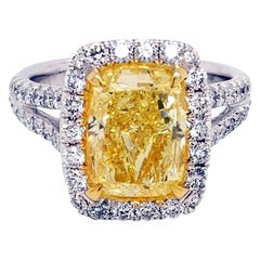 GIA 3.63 Ct Fancy Yellow Cushion Diamond Pave Set 18K Engagement Ring with Halo
