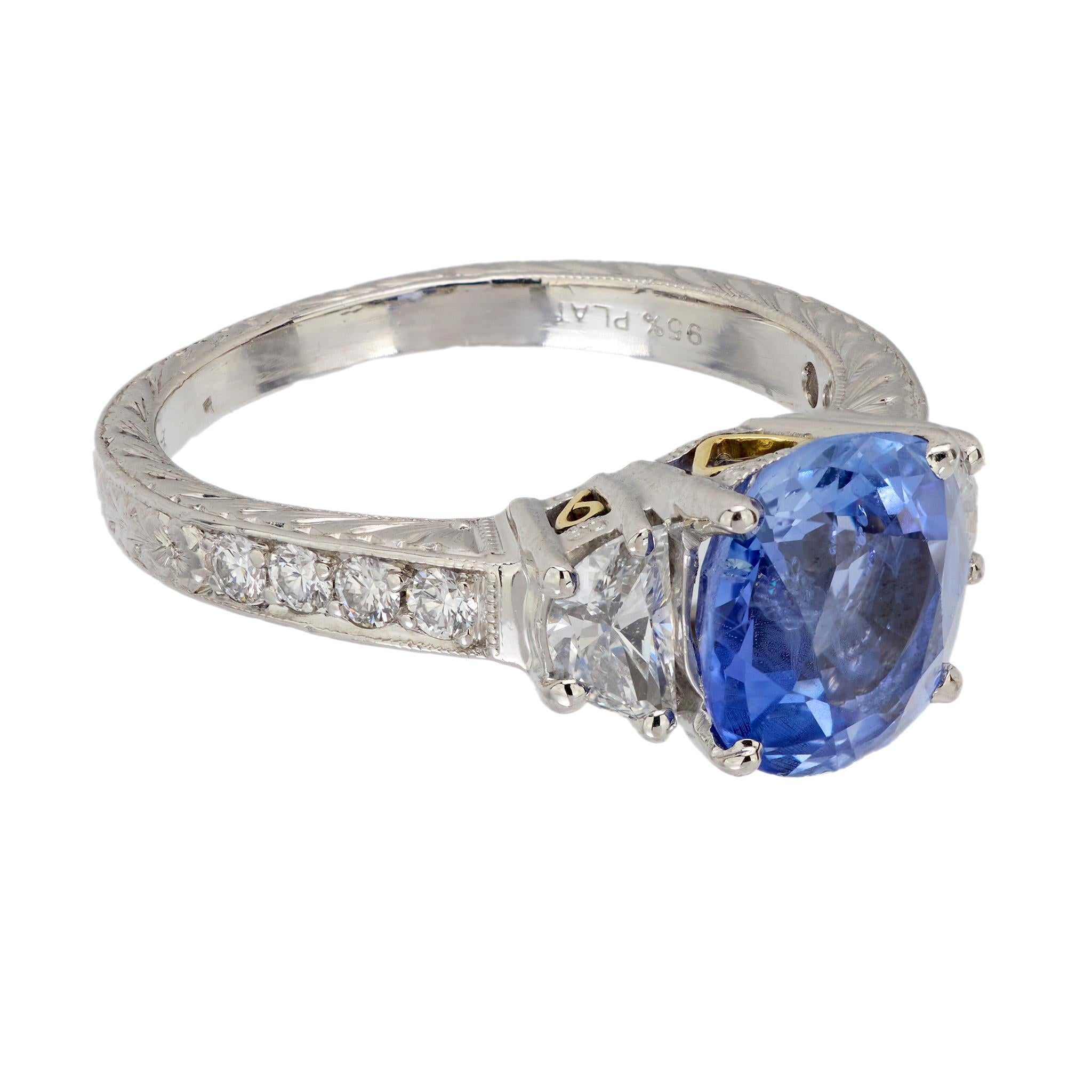 Modern GIA 3.64 carat Ceylon sapphire diamond platinum filigree ring For Sale