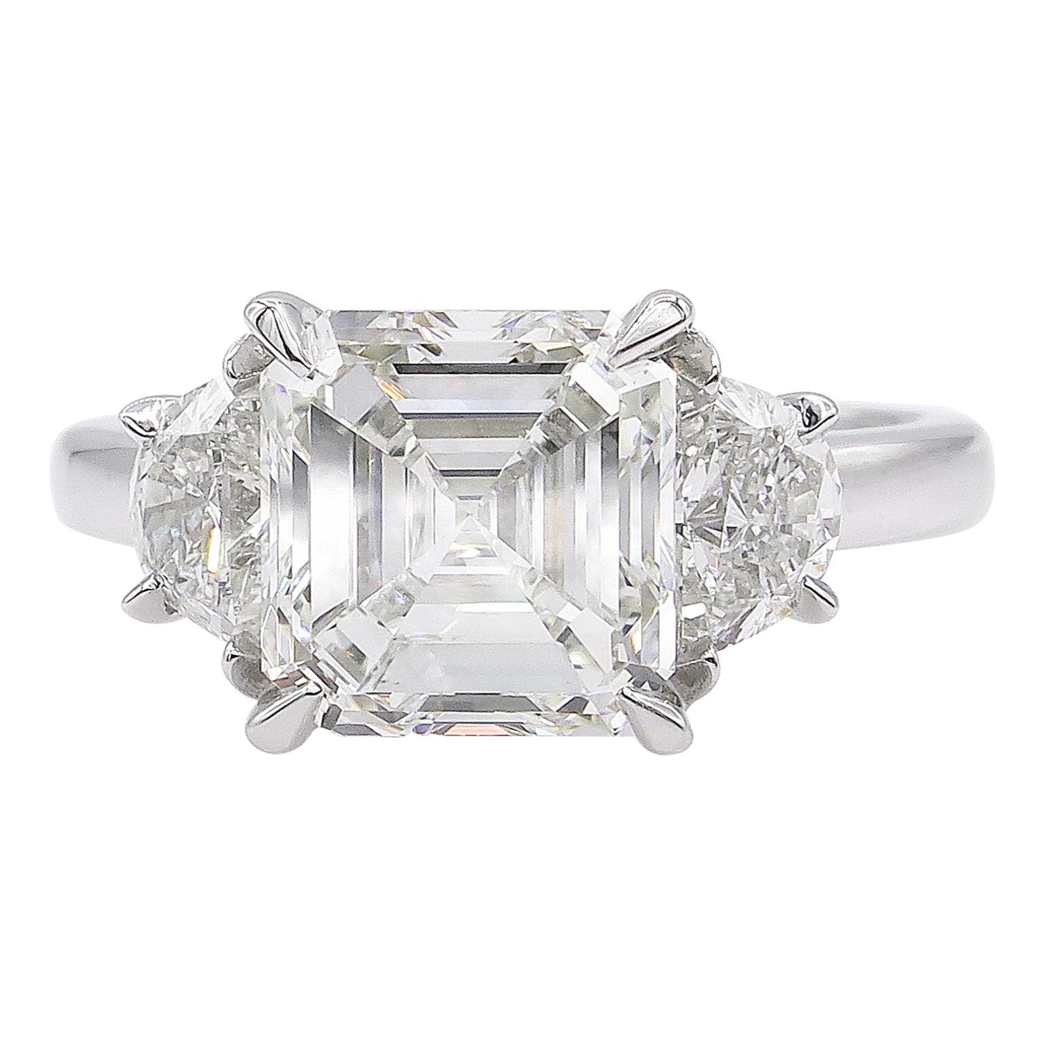 GIA 3.65 Carat Vintage Asscher Diamond 3-Stone Engagement Wedding Platinum Ring