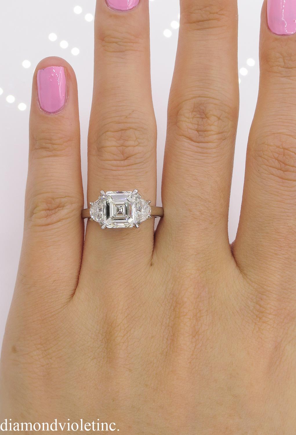 GIA 3.65 Carat Vintage Asscher Diamond 3-Stone Engagement Wedding Platinum Ring 5