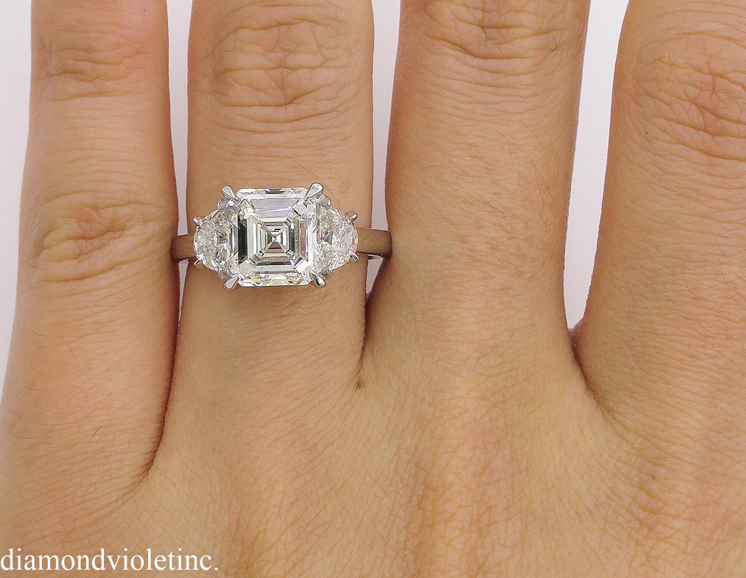 GIA 3.65 Carat Vintage Asscher Diamond 3-Stone Engagement Wedding Platinum Ring 6