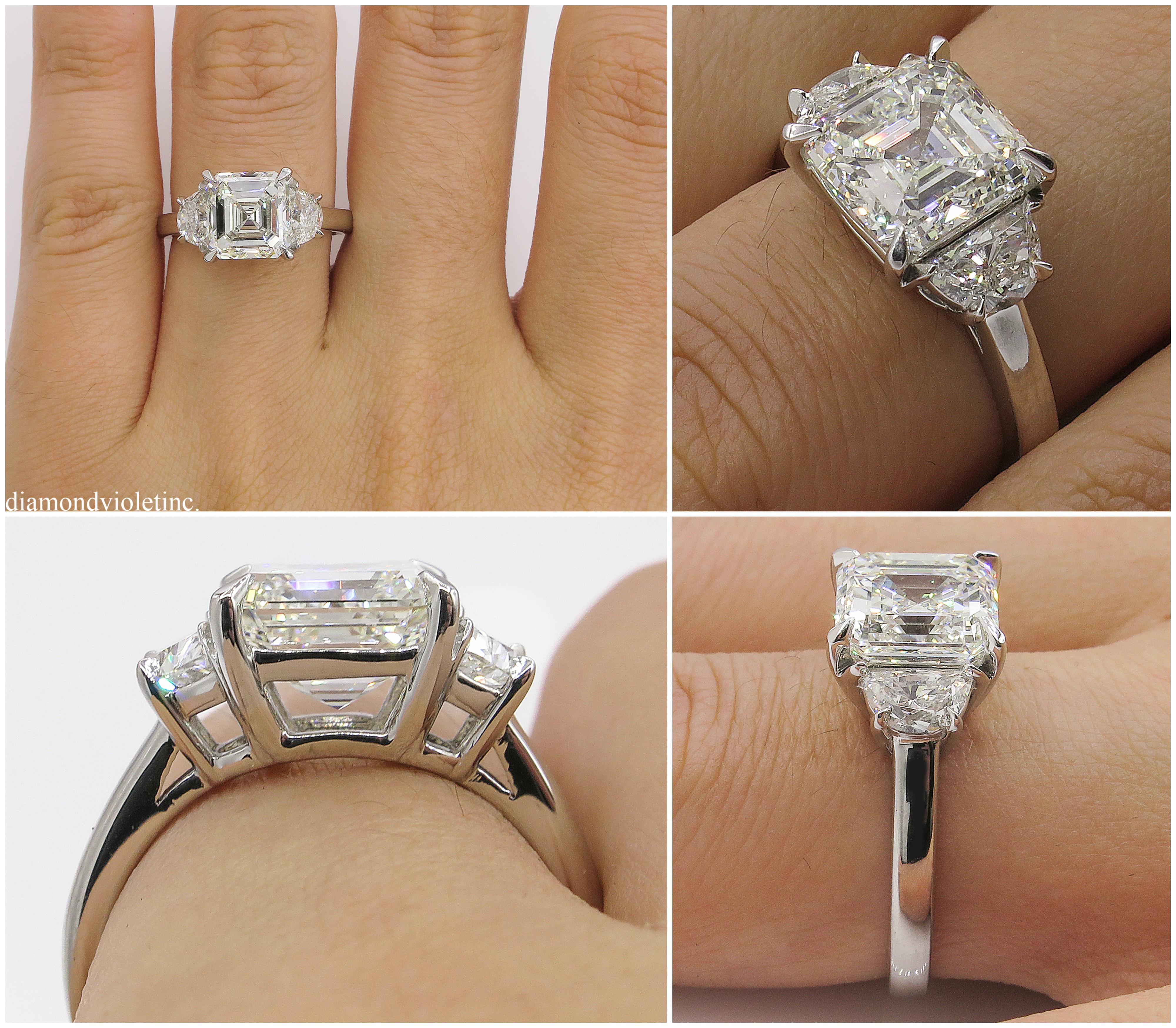 GIA 3.65 Carat Vintage Asscher Diamond 3-Stone Engagement Wedding Platinum Ring 7