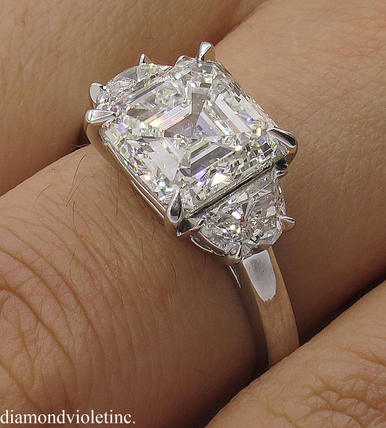GIA 3.65 Carat Vintage Asscher Diamond 3-Stone Engagement Wedding Platinum Ring 8