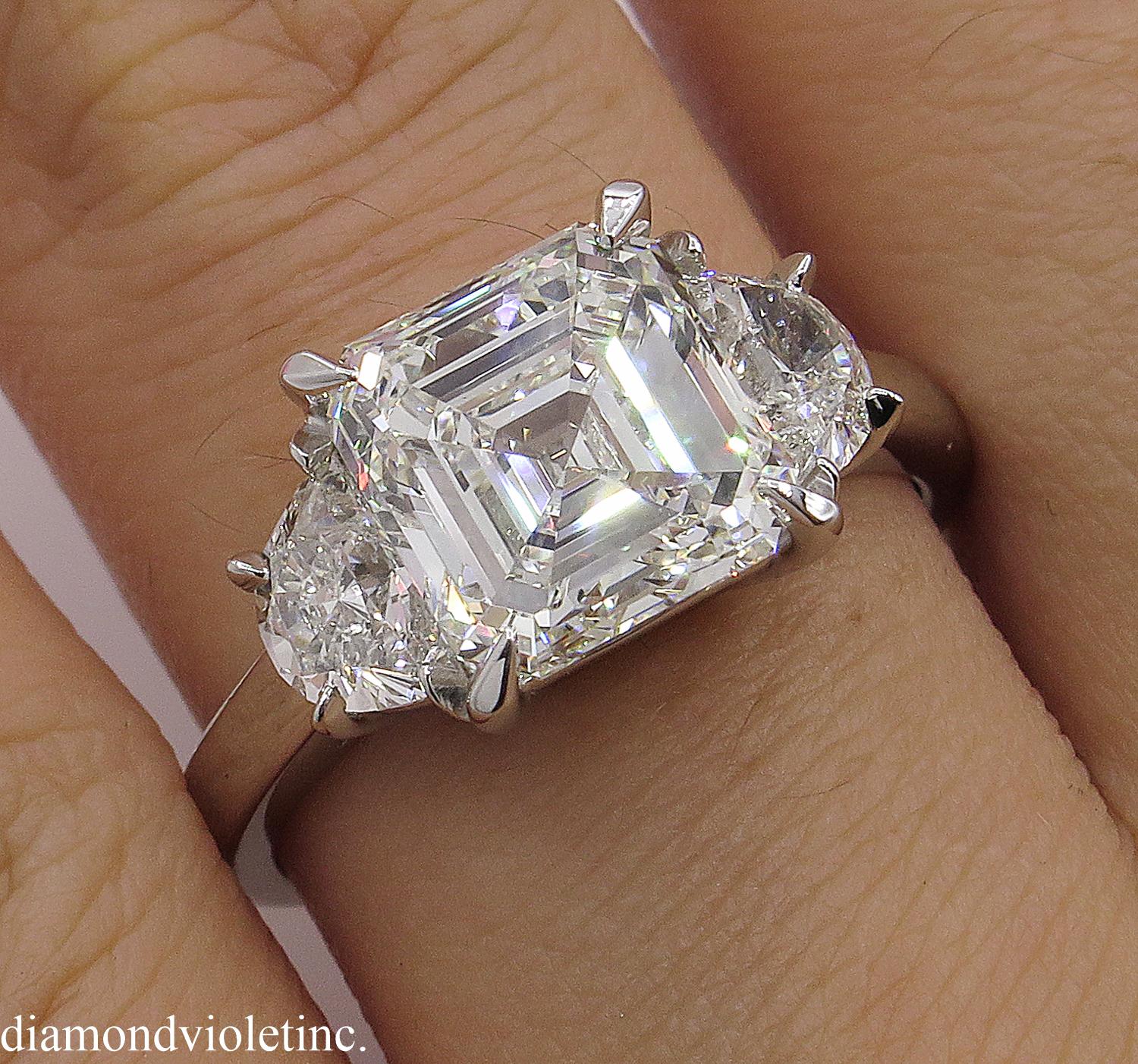 GIA 3.65 Carat Vintage Asscher Diamond 3-Stone Engagement Wedding Platinum Ring 9