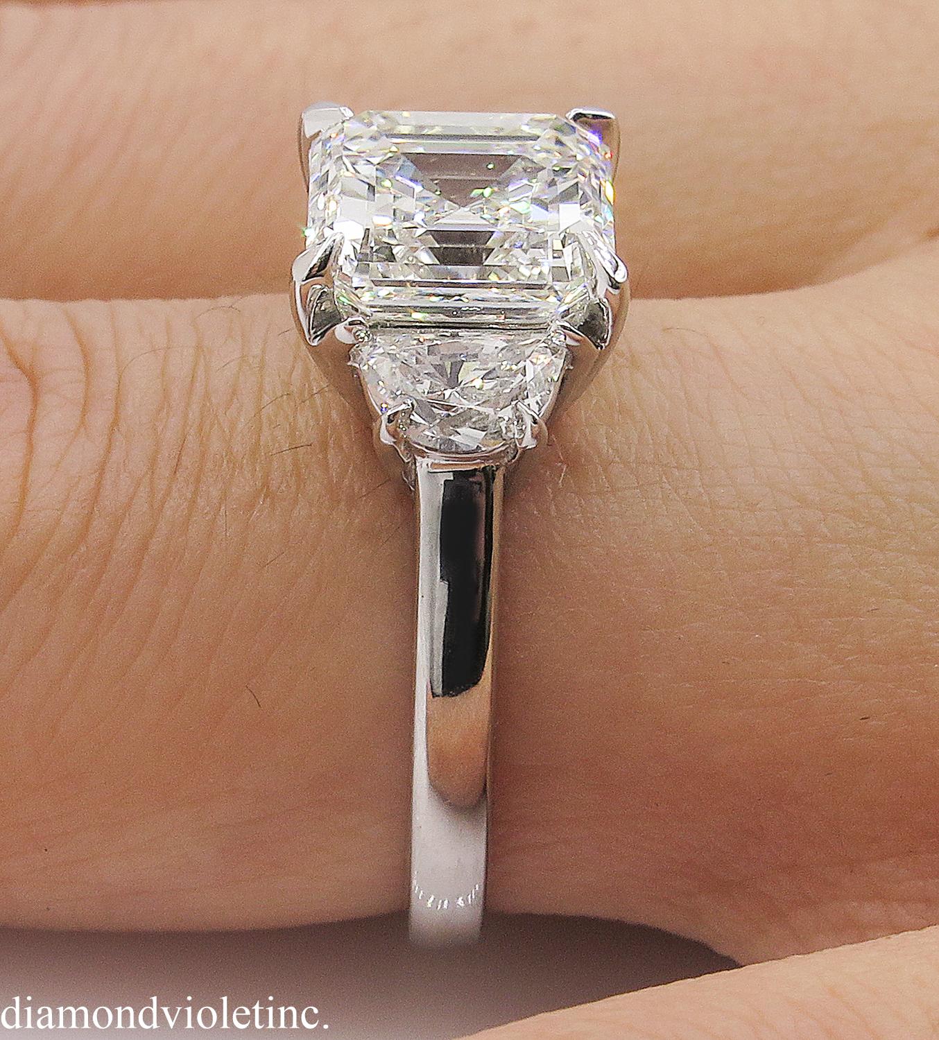 GIA 3.65 Carat Vintage Asscher Diamond 3-Stone Engagement Wedding Platinum Ring 10