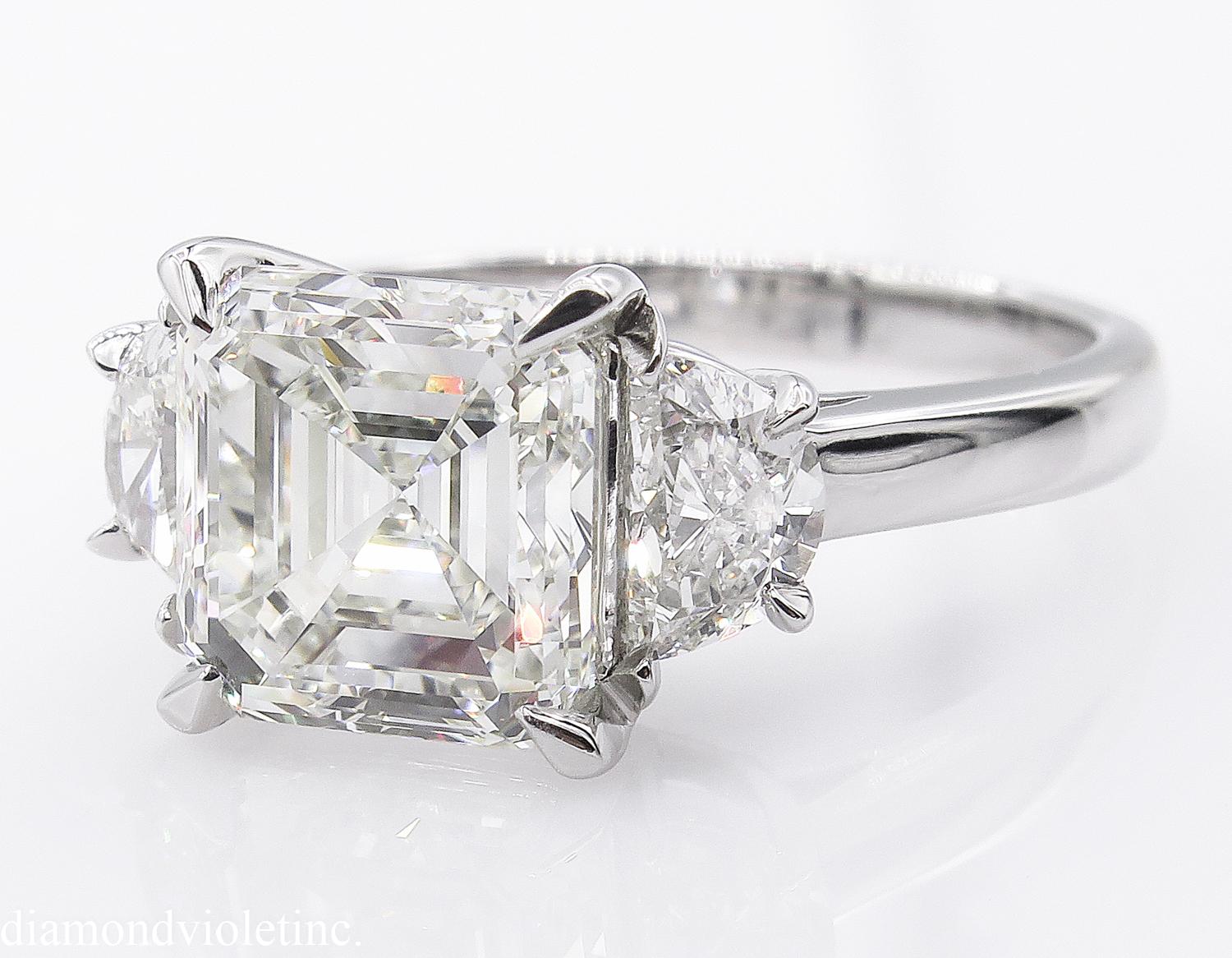 Asscher Cut GIA 3.65 Carat Vintage Asscher Diamond 3-Stone Engagement Wedding Platinum Ring