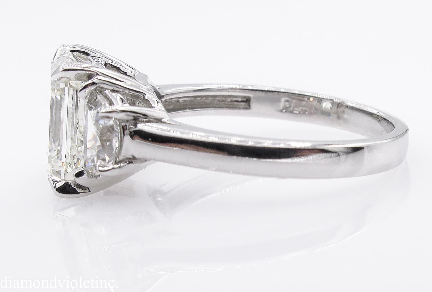 Women's GIA 3.65 Carat Vintage Asscher Diamond 3-Stone Engagement Wedding Platinum Ring