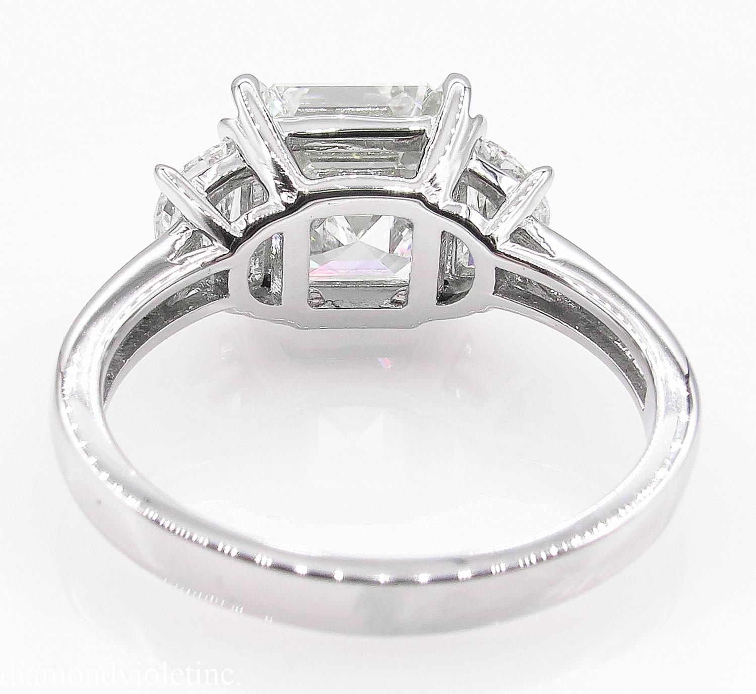 GIA 3.65 Carat Vintage Asscher Diamond 3-Stone Engagement Wedding Platinum Ring 2