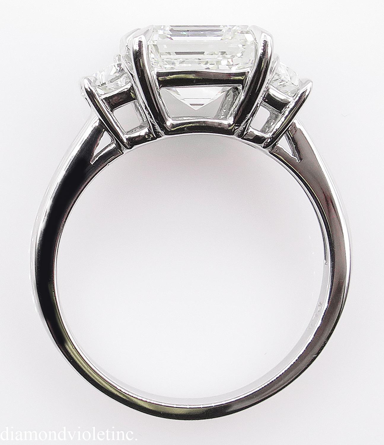 GIA 3.65 Carat Vintage Asscher Diamond 3-Stone Engagement Wedding Platinum Ring 3