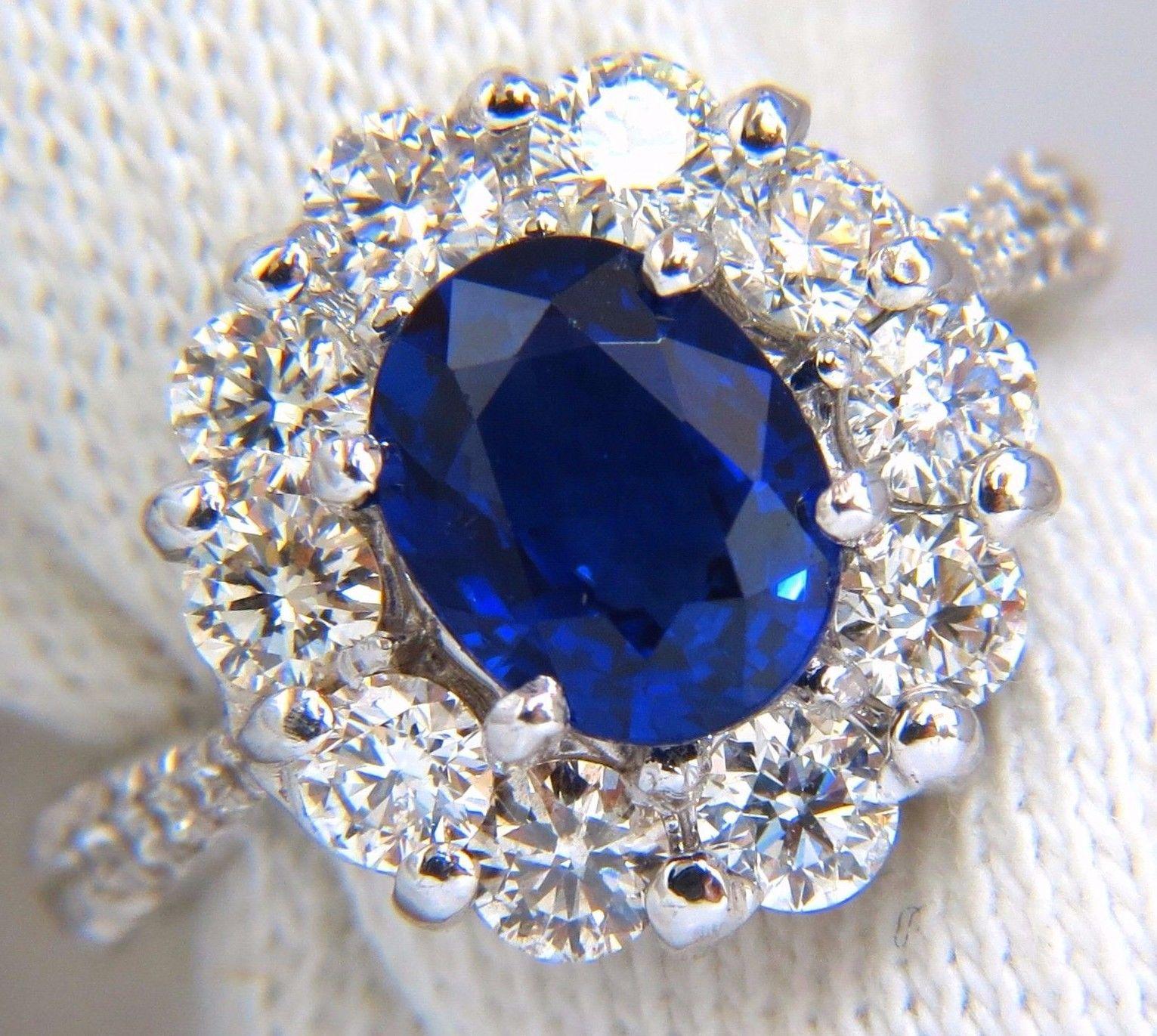 Oval Cut GIA 3.67 Carat Natural Vivid Royal Blue Diamonds Ring Cluster Halo 18 Karat For Sale