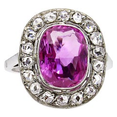 Antique GIA 3.68 Carat Hot Vivid Pink Sapphire and Diamond Engagement White Gold Ring